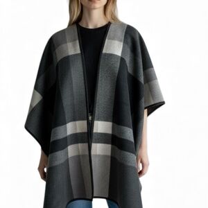 Ikebehar Soft Open-Front Poncho Wrap – Neutral Plaid Pattern – One Size